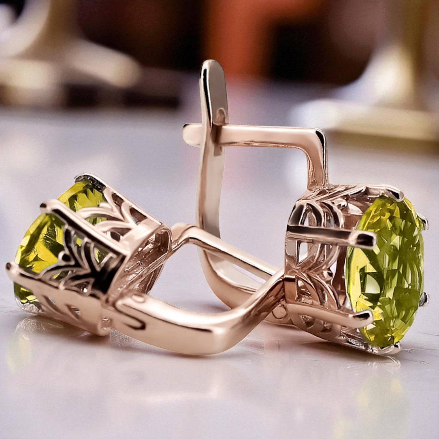 Rose pink 14k 585 gold peridot earrings vec003 Vintage Russian Soviet style