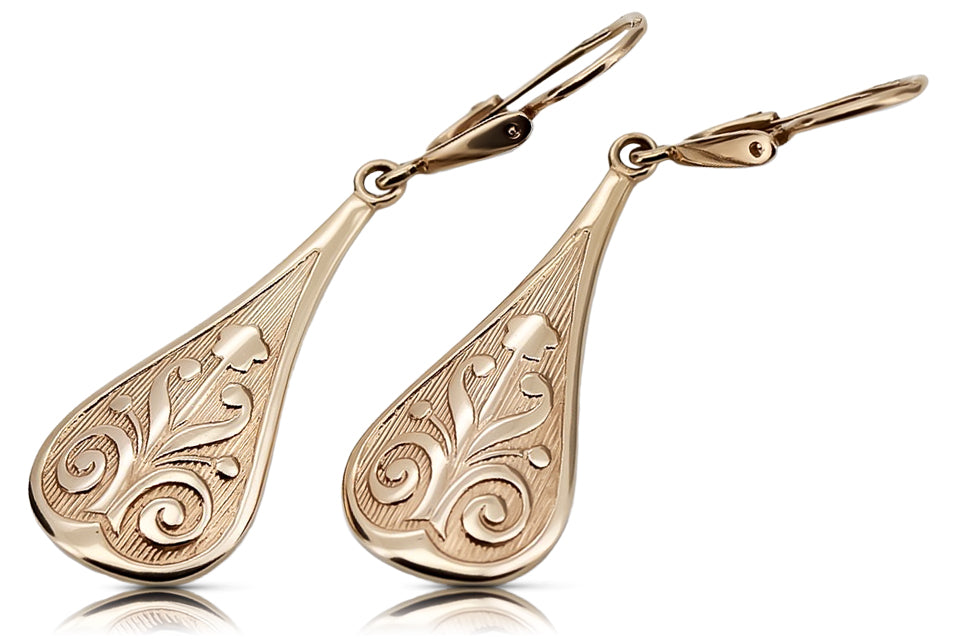 Vintage rose pink 14k 585 gold  Vintage leaf earrings ven147