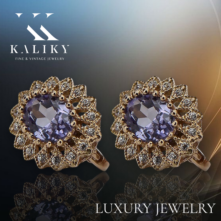 Vintage rose pink 14k 585 gold alexandrite earrings vec125 Vintage vec125r-ax