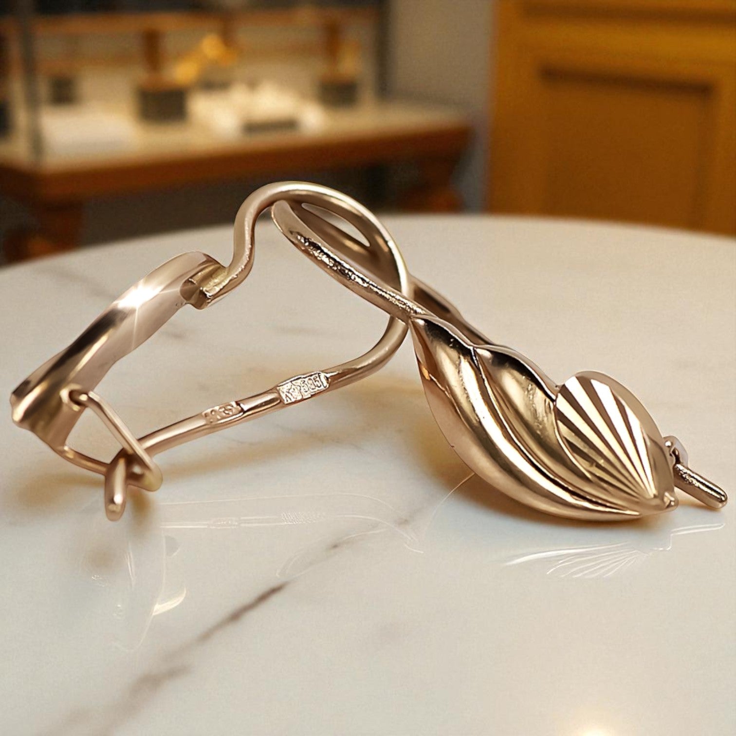 Vintage rose pink 14k 585 gold Vintage leaf earrings ven027