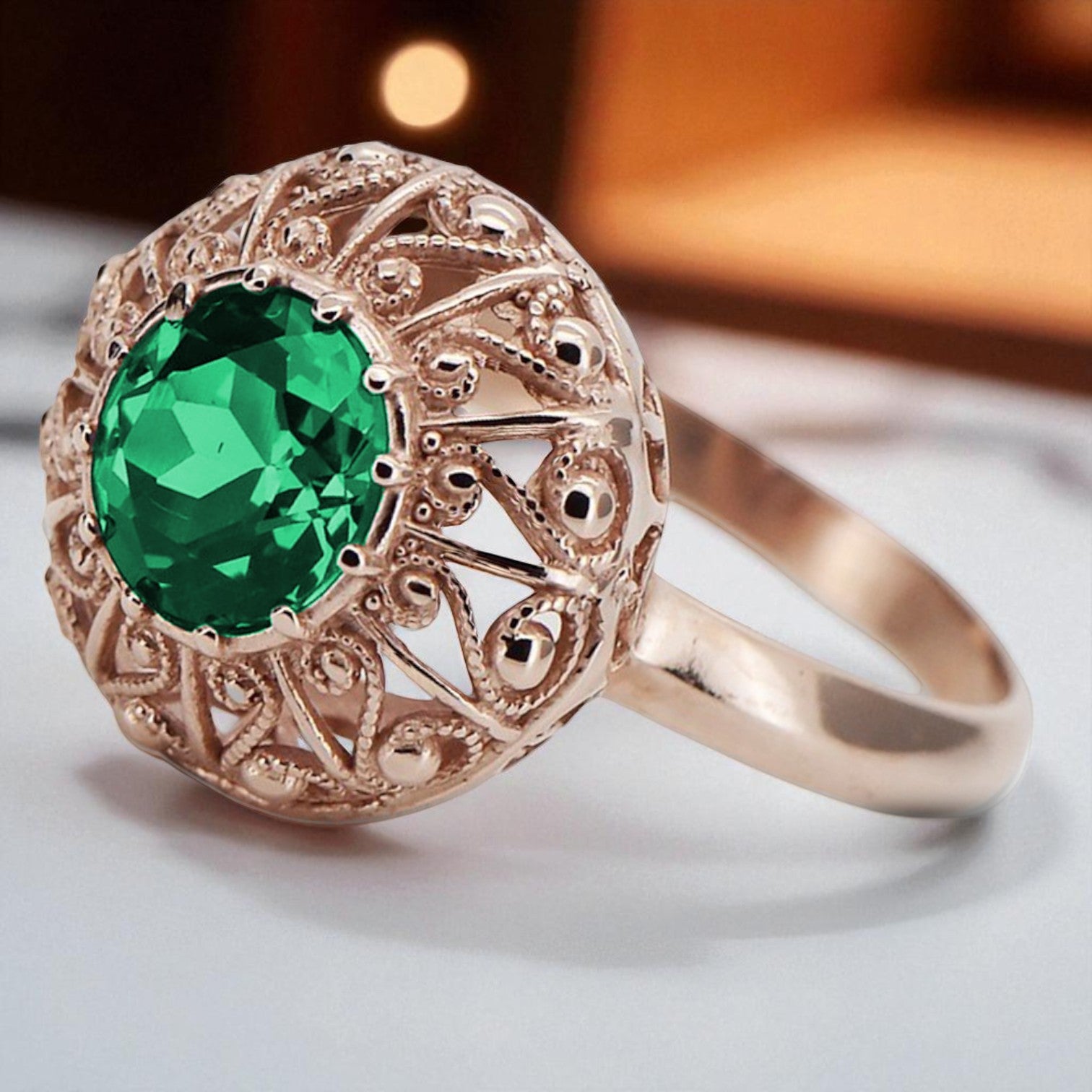 Vintage 14k Rose Gold Emerald Ring, 7.5mm Round - Women's
