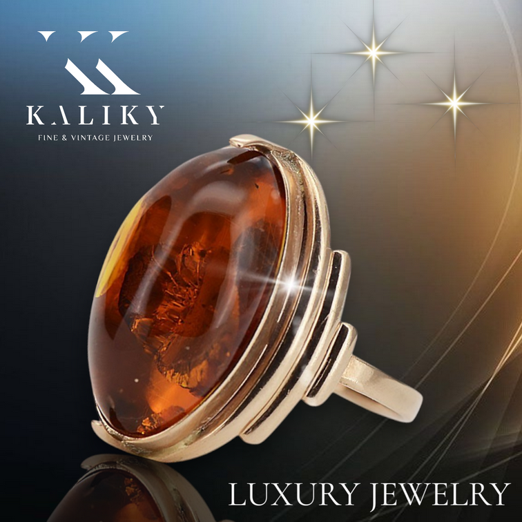 Rose pink 14k 585 gold amber ring vrab045 Russian Soviet jewelry style