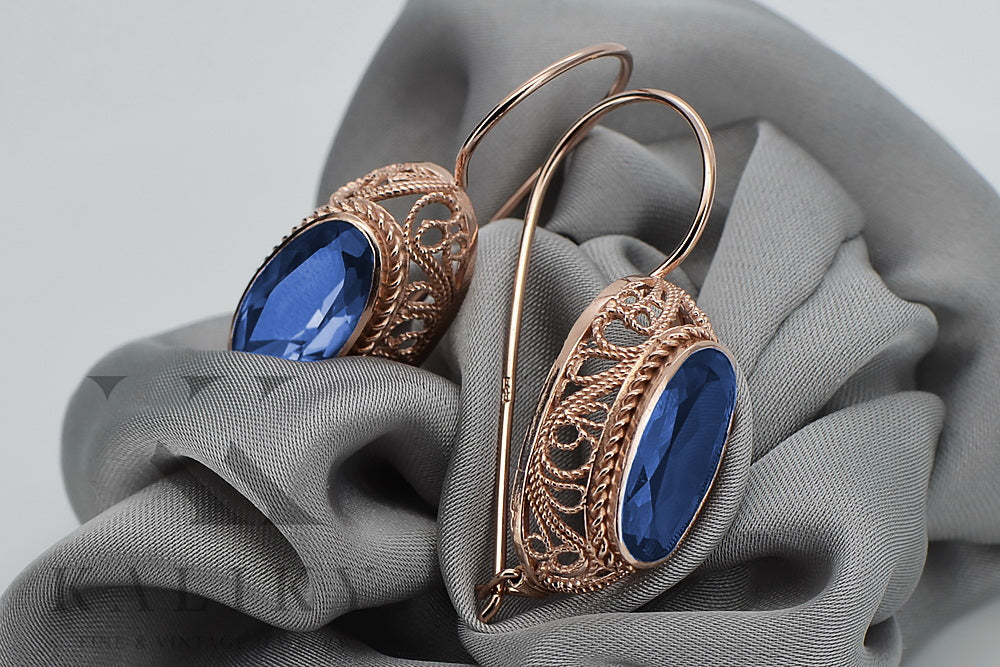 Vintage 14k Rose Gold Sapphire Earrings, Oval Cut