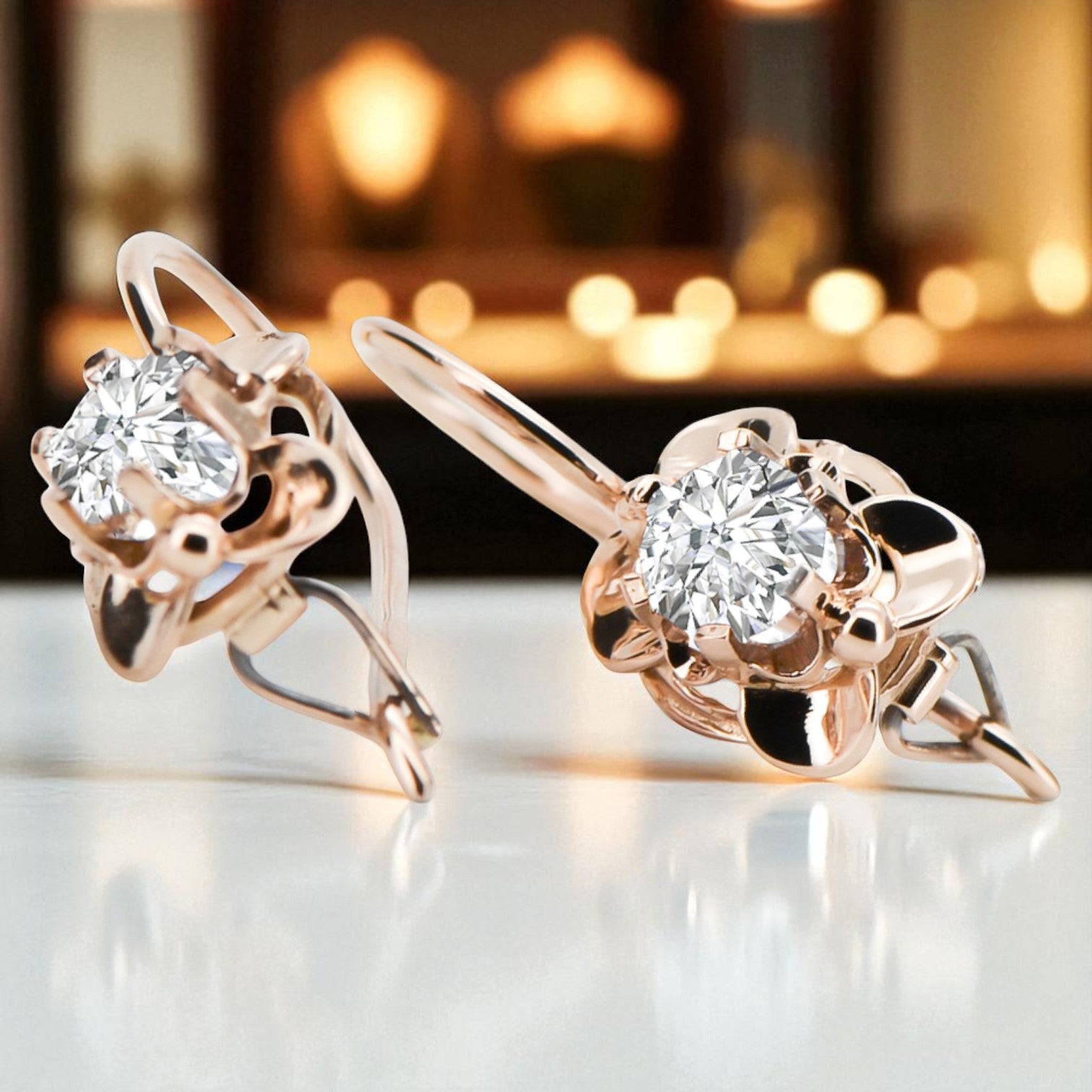 Vintage craft Earrings Zircon Original Vintage 14K Rose Gold vec116r