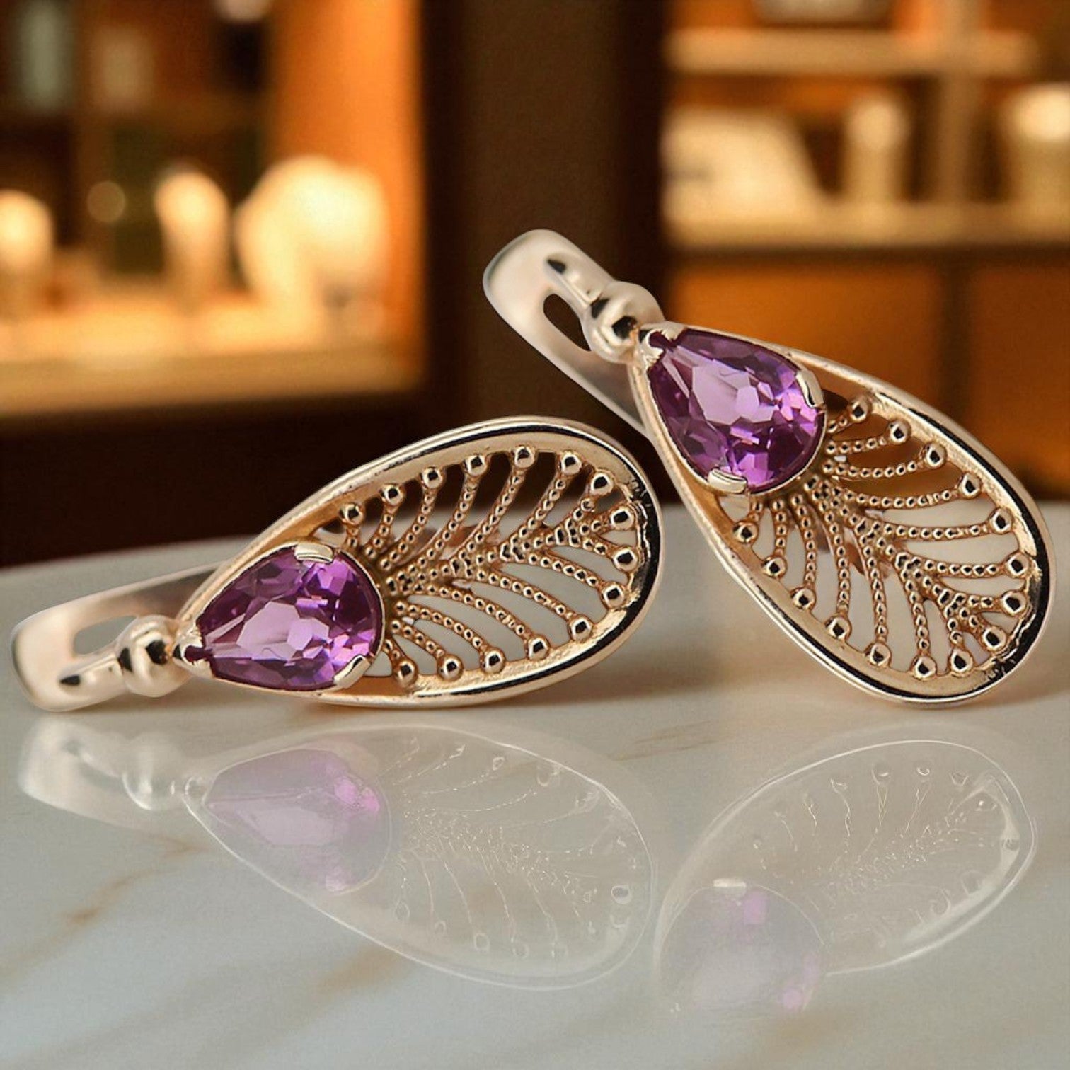 Vintage rose pink 14k 585 gold amethyst earrings vec067 Vintage vec067r-am