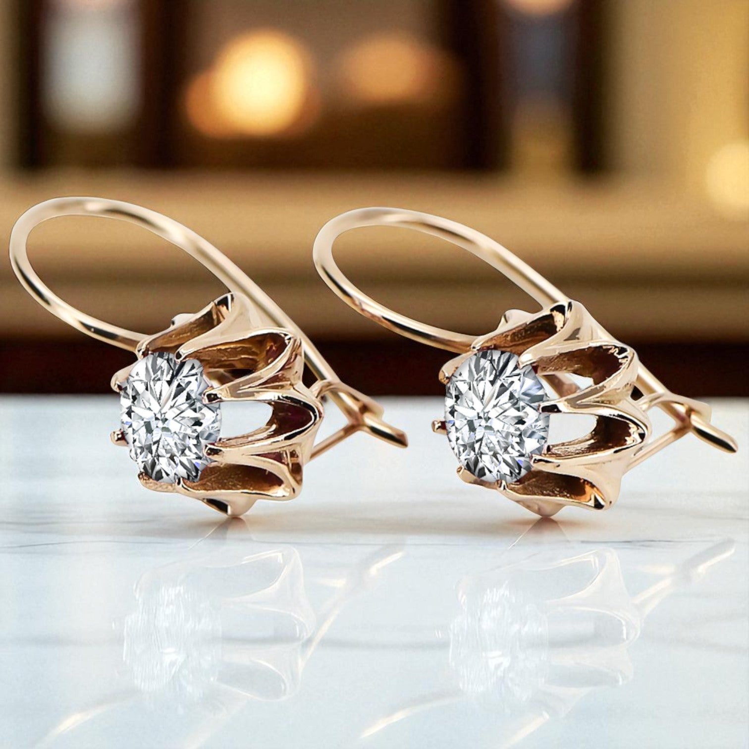 Rose pink 14k 585 gold zircon earrings vec092 Vintage Russian Soviet style vec092r-zi