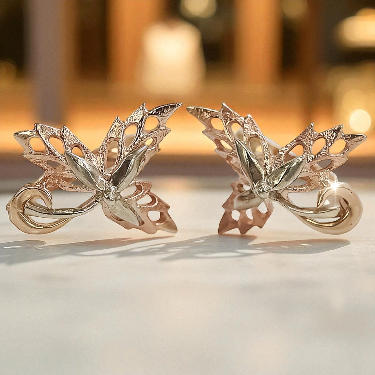 Vintage rose pink 14k 585 gold maple leaf earrings ven177