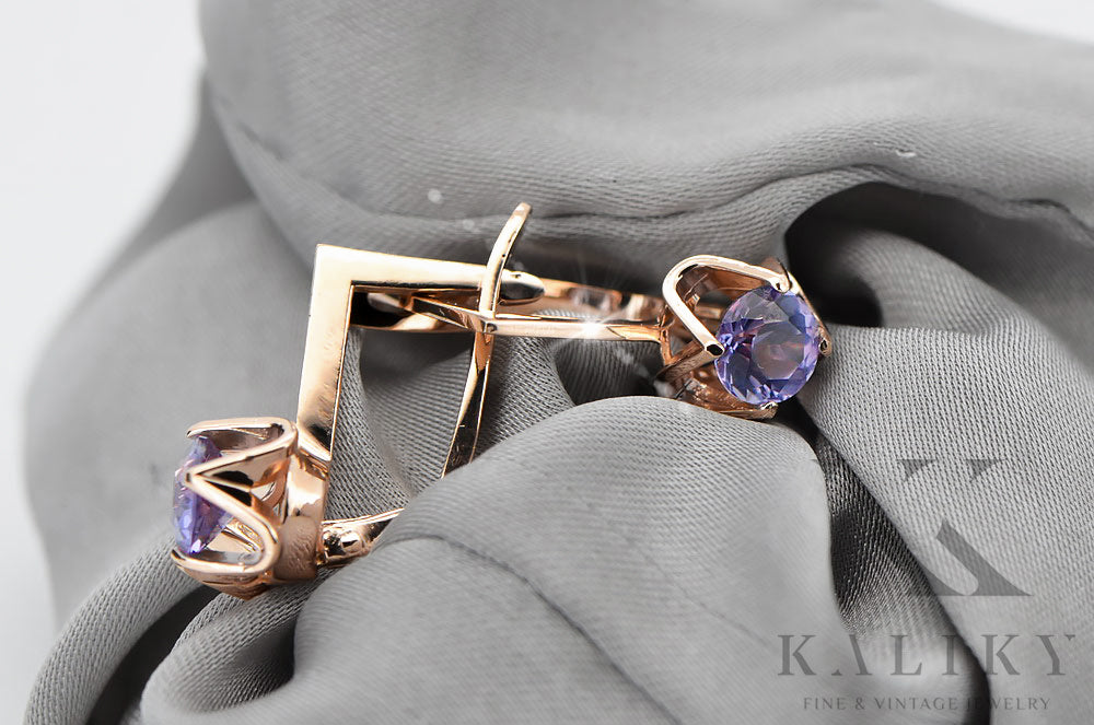 Vintage rose pink 14k 585 gold alexandrite earrings vec005 Vintage Russian Soviet Style vec005r-ax