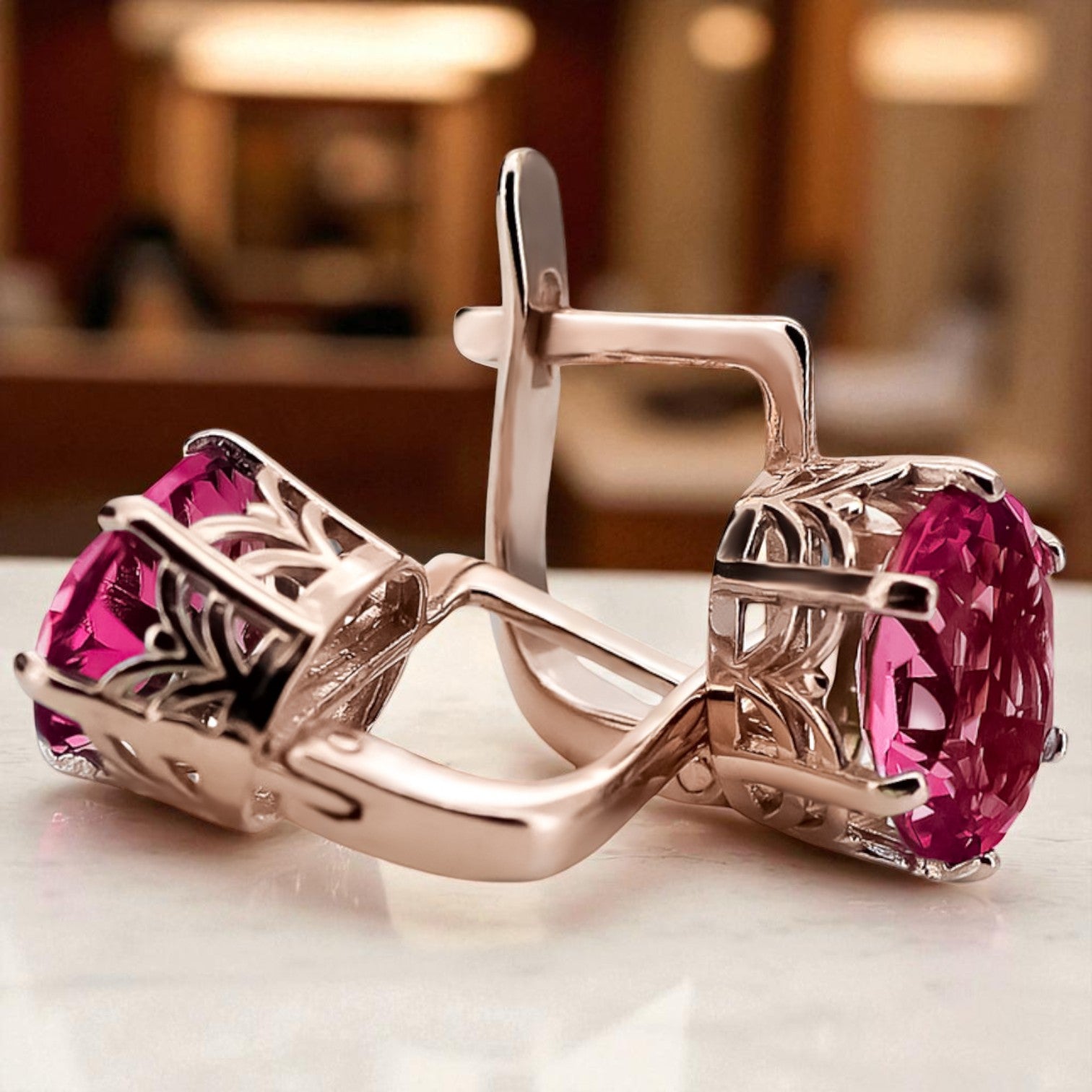 Rose pink 14k 585 gold ruby earrings vec003 Vintage Russian Soviet style vec003r-rb