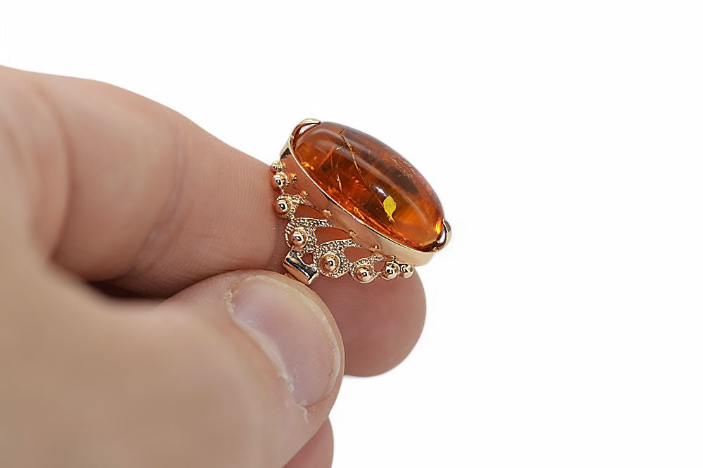 Rose pink 14k 585 gold amber ring vrab037 Russian Soviet jewelry style