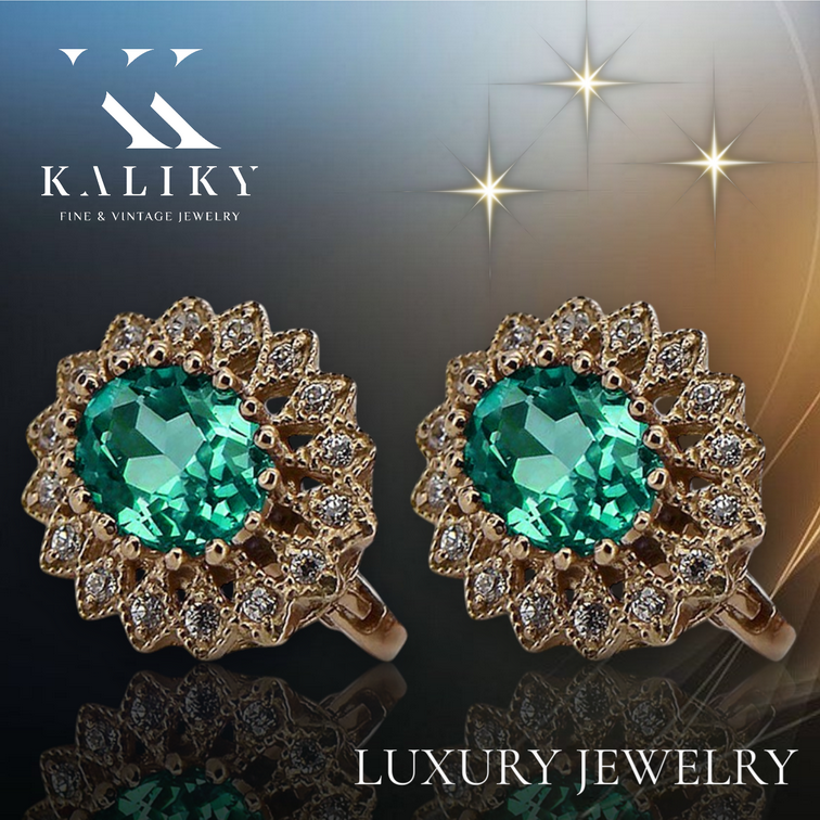 Vintage rose pink 14k 585 gold emerald earrings vec125 Vintage vec125r-em