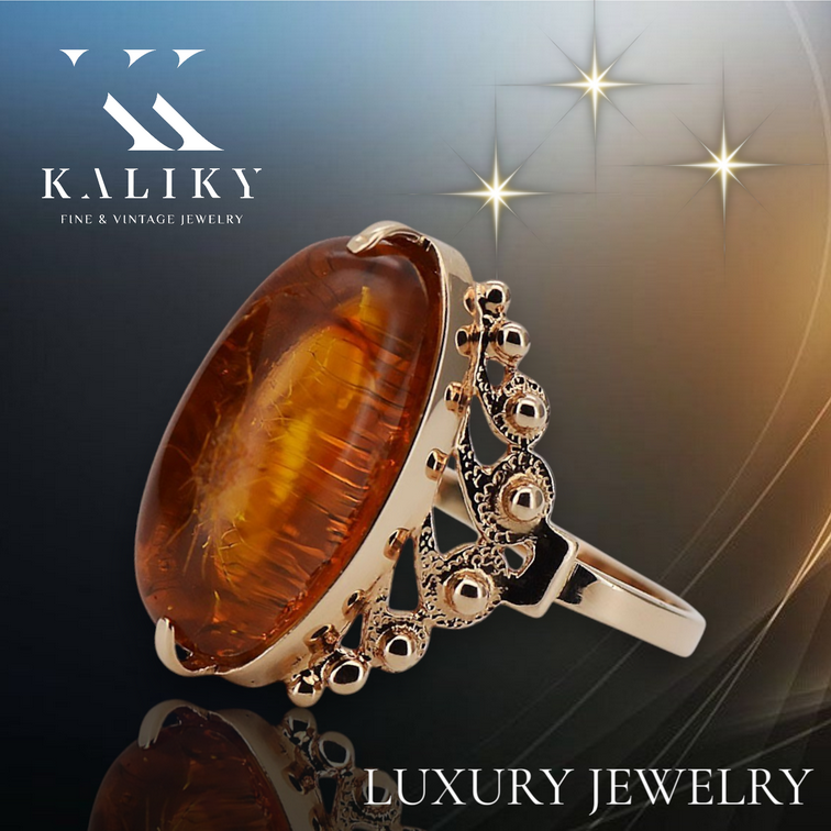 Rose pink 14k 585 gold amber ring vrab037 Russian Soviet jewelry style