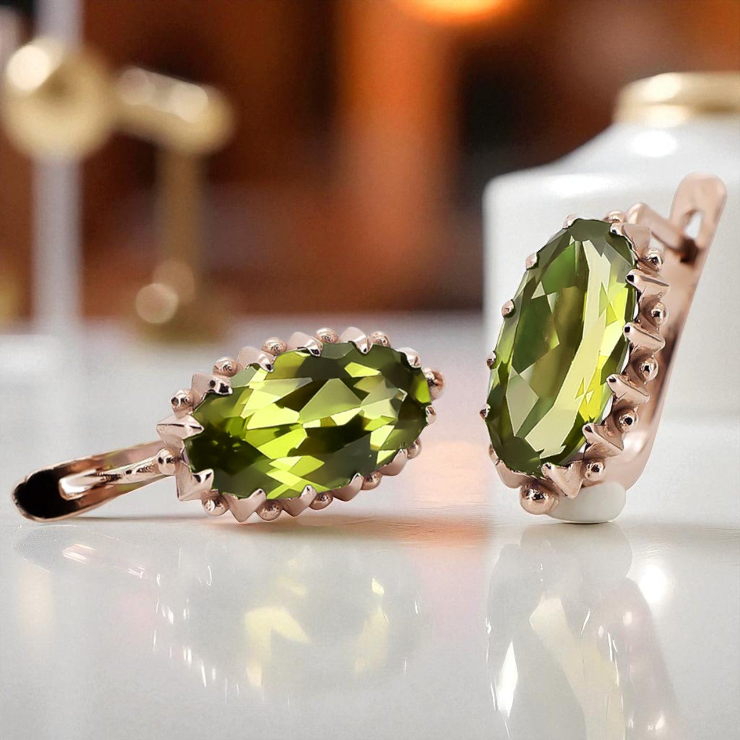 Rose pink 14k 585 gold peridot earrings vec174 Vintage