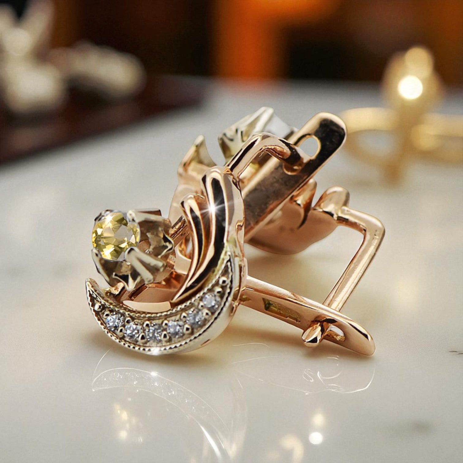 Earrings Vintage style Yellow Peridot Original Vintage 14K Rose White Gold vec093rw