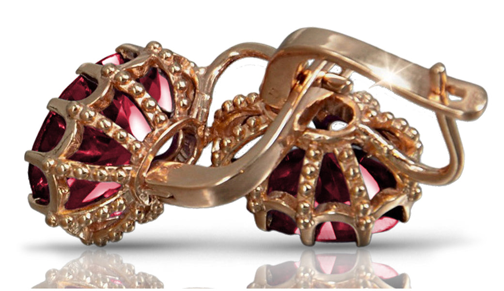 Vintage rose pink 14k 585 gold ruby lady earrings vec079