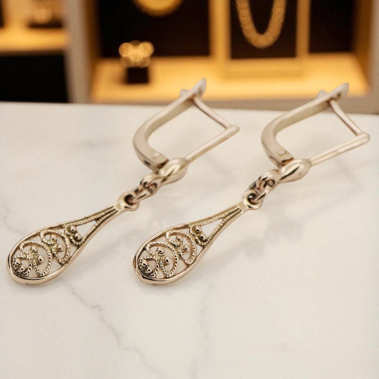 Vintage rose pink 14k 585 gold  Vintage leaf earrings ven239