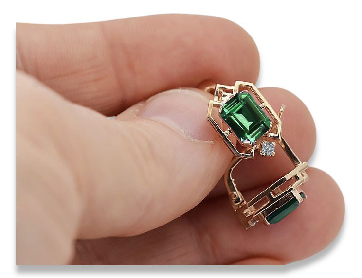 Emerald diamonds Vintage Earrings craft Original 14K Rose Gold vec020r