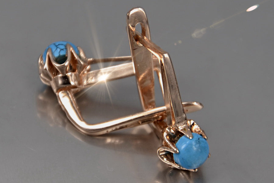 Vintage rose 14k 585 gold earrings turquoise vetq200
