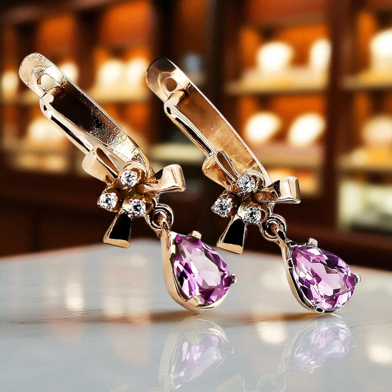 Rose pink 14k 585 gold amethyst earrings vec045 Vintage vec045r-am