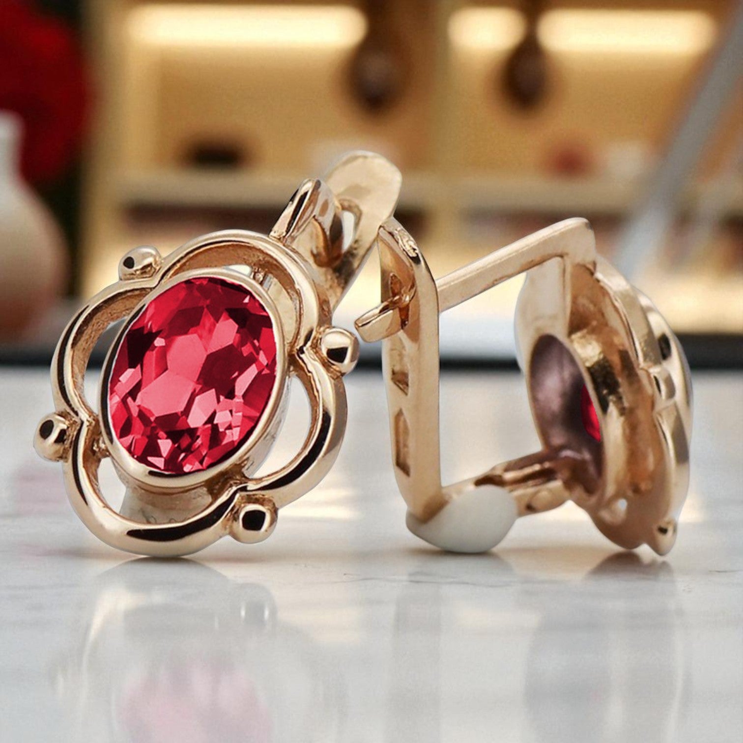 Vintage rose pink 14k 585 gold ruby earrings vec033 Russian Soviet style