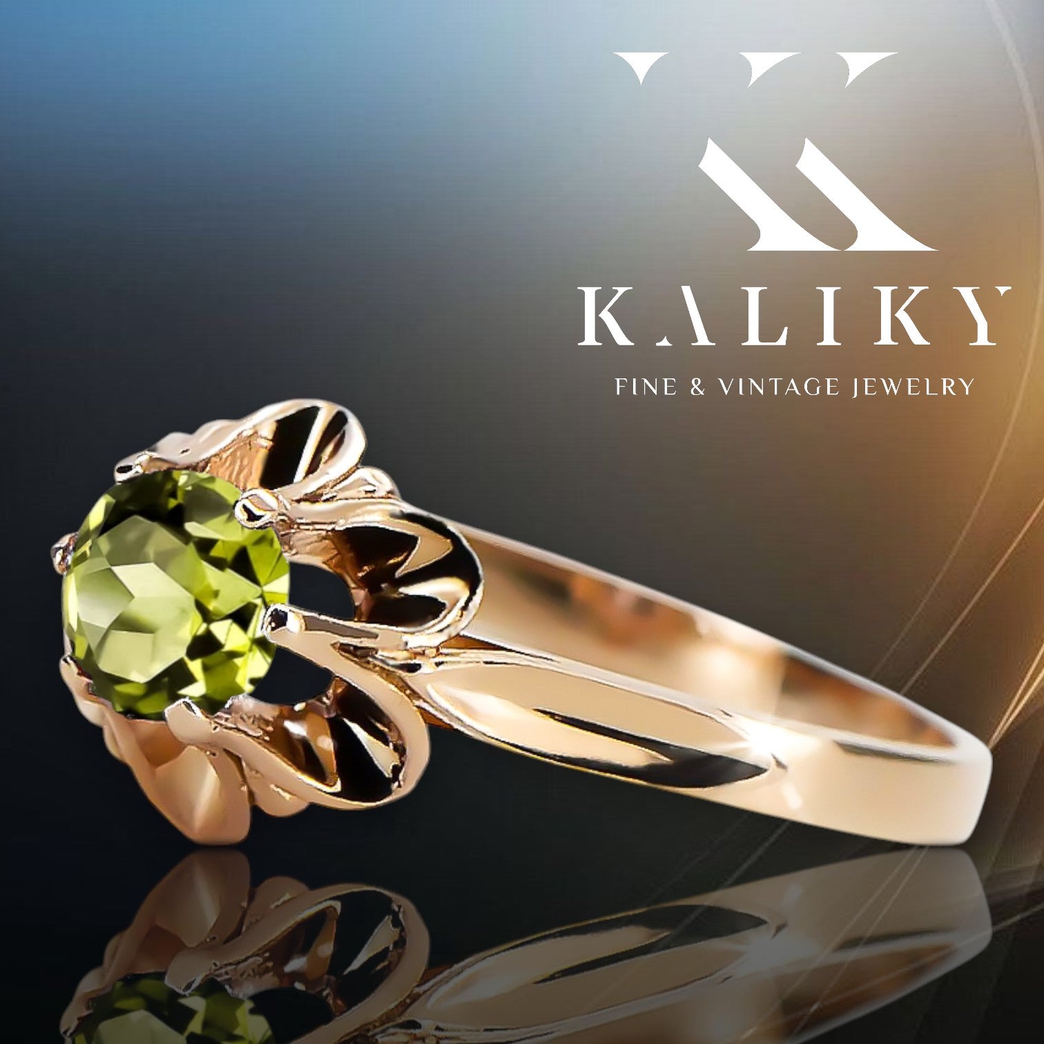 Vintage Jewlery Ring Yellow Peridot Original Vintage 14K Rose Gold vrc004r vrc004r-yp