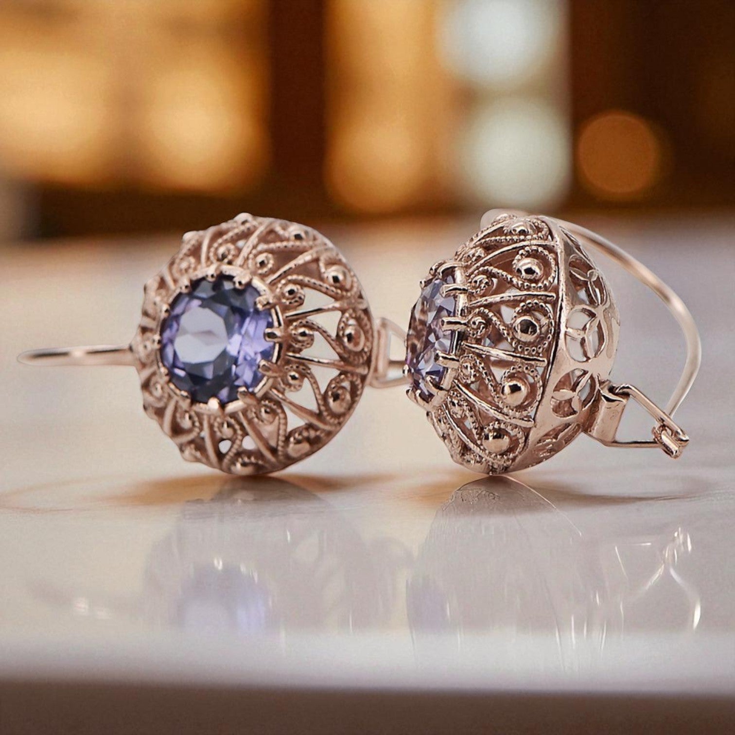 Vintage 14k Rose Gold Alexandrite Earrings 28mm