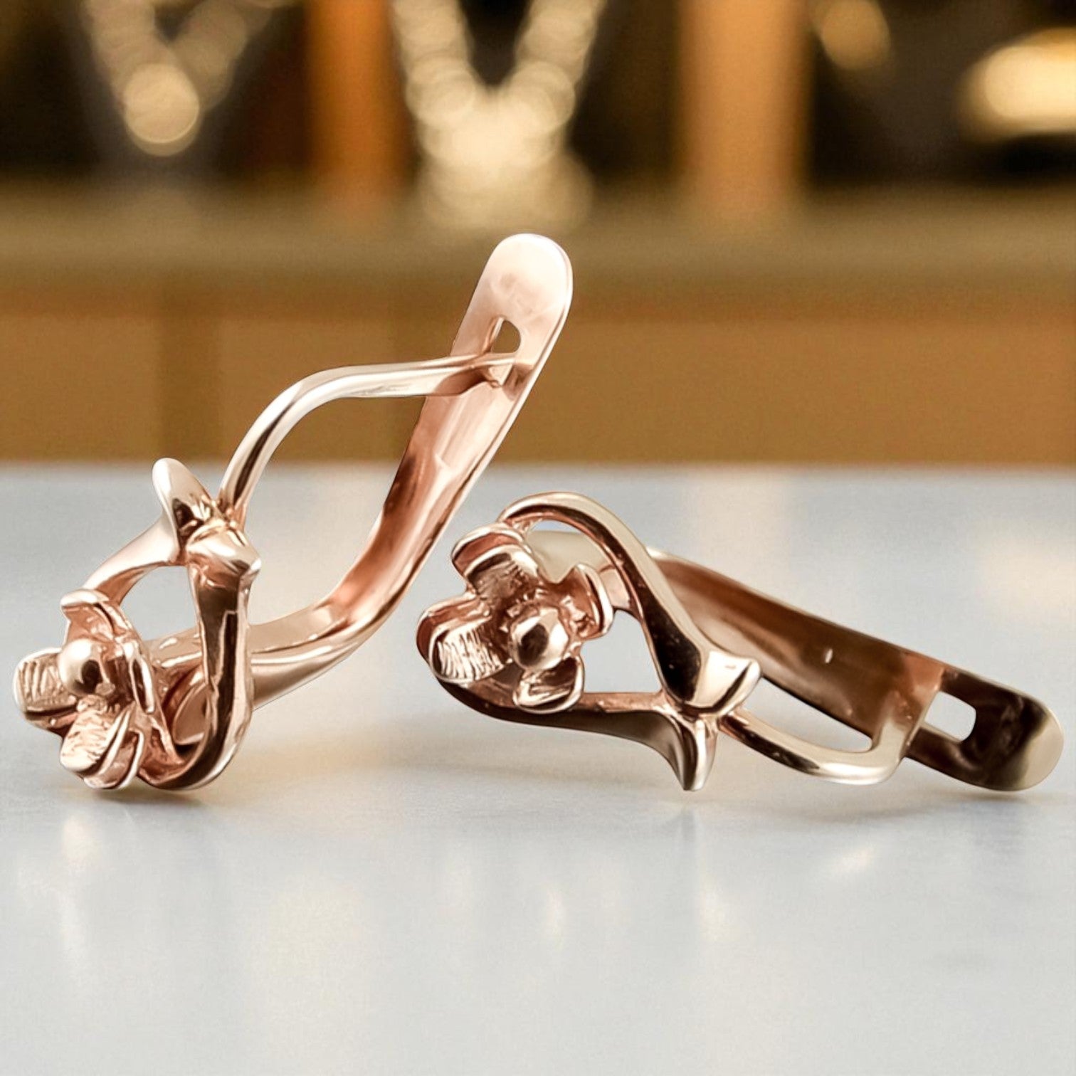 Vintage rose pink 14k 585 gold Vintage flower earrings ven166