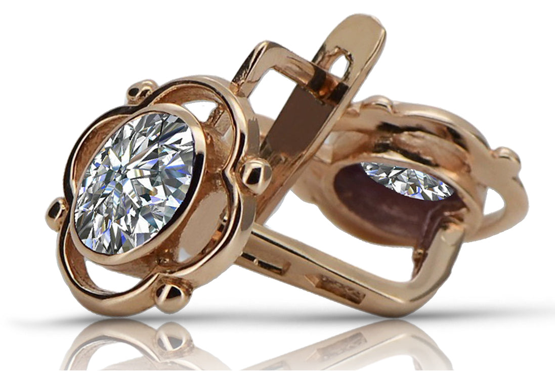 Vintage rose pink 14k 585 gold zircon earrings vec033 Russian Soviet style vec033r-zi