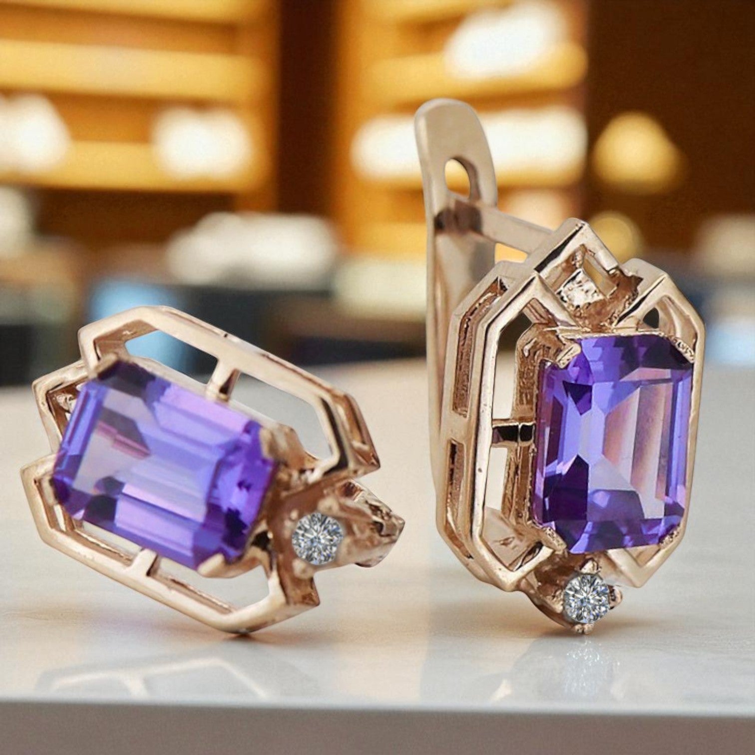 Rose pink 14k 585 gold alexandrite diamond earrings vec020r Vintage Russian Soviet style vec020r-ax