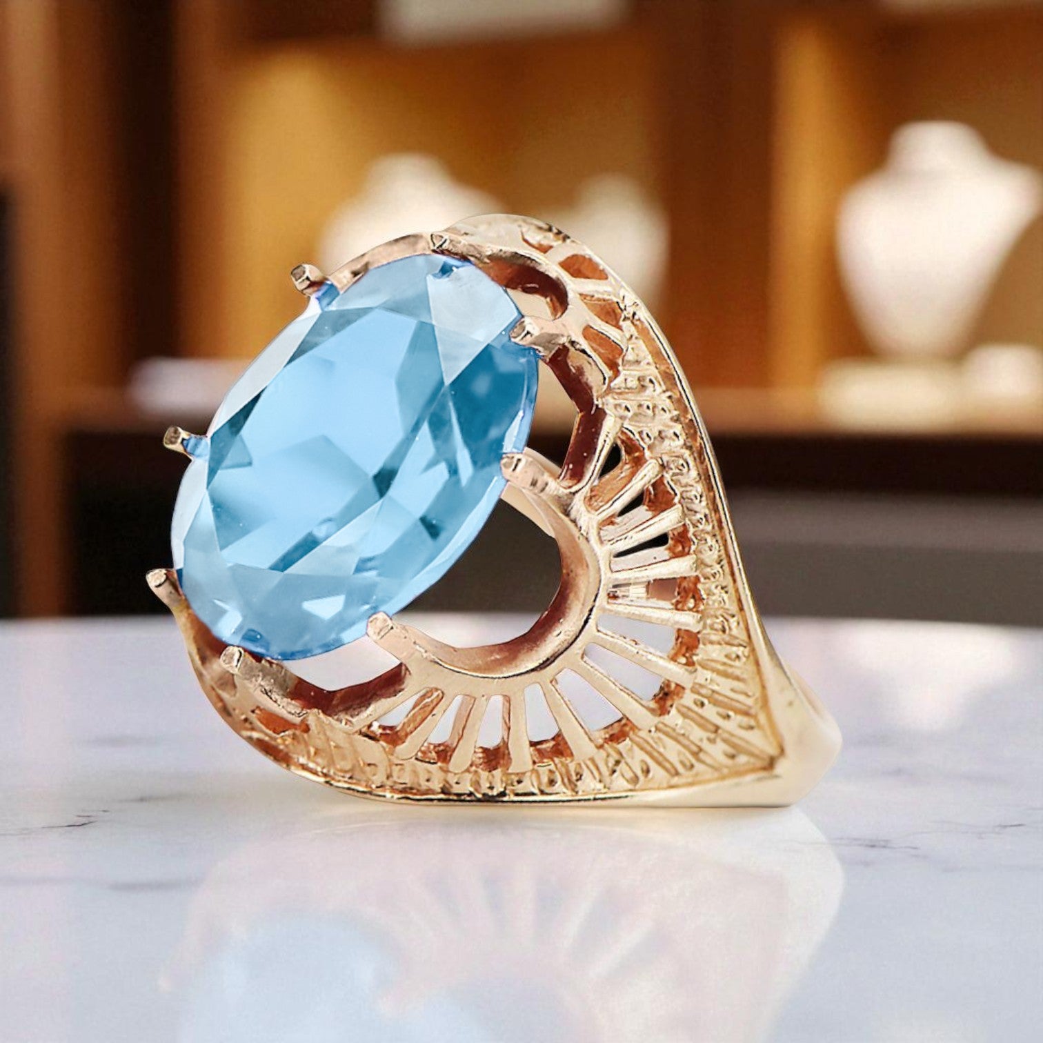 Aquamarine Original Vintage 14K Rose Gold Ring Vintage Jewlery vrc003r vrc003r-aq