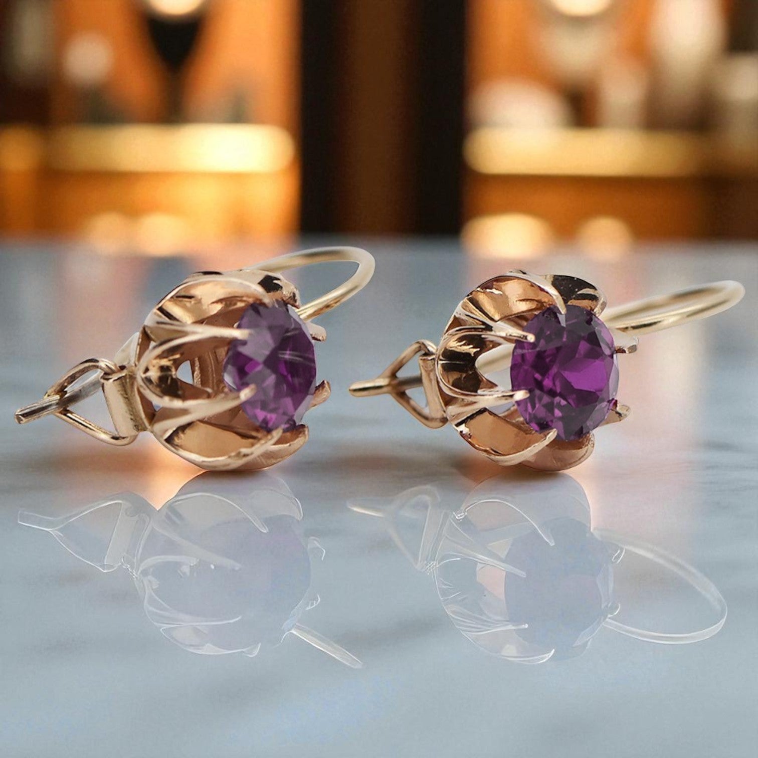 Vintage rose pink 14k 585 gold amethyst earrings vec062 vec062r-am