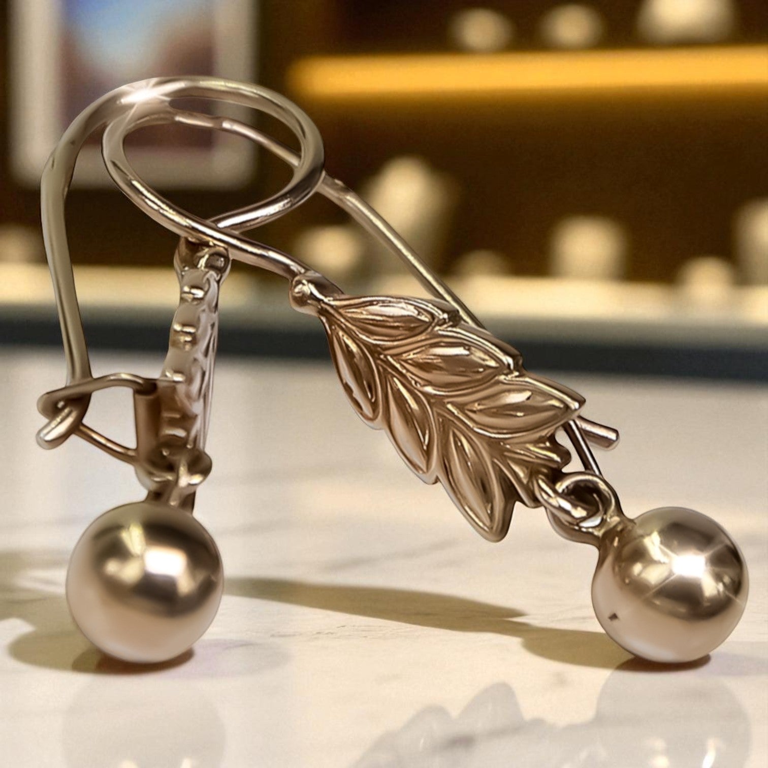 Vintage rose pink 14k 585 gold Vintage leaf earrings ven107