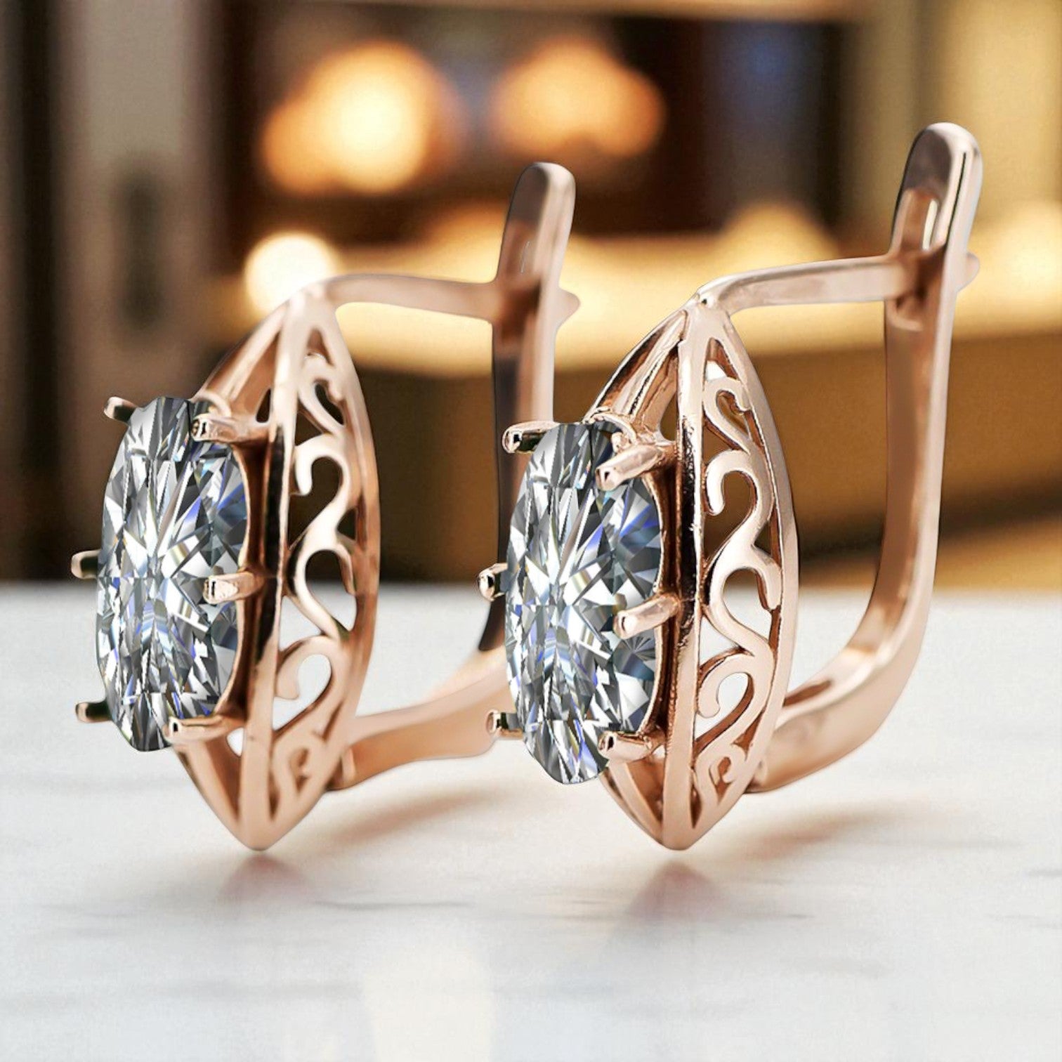 Rose pink 14k 585 gold zircon earrings vec141 Vintage