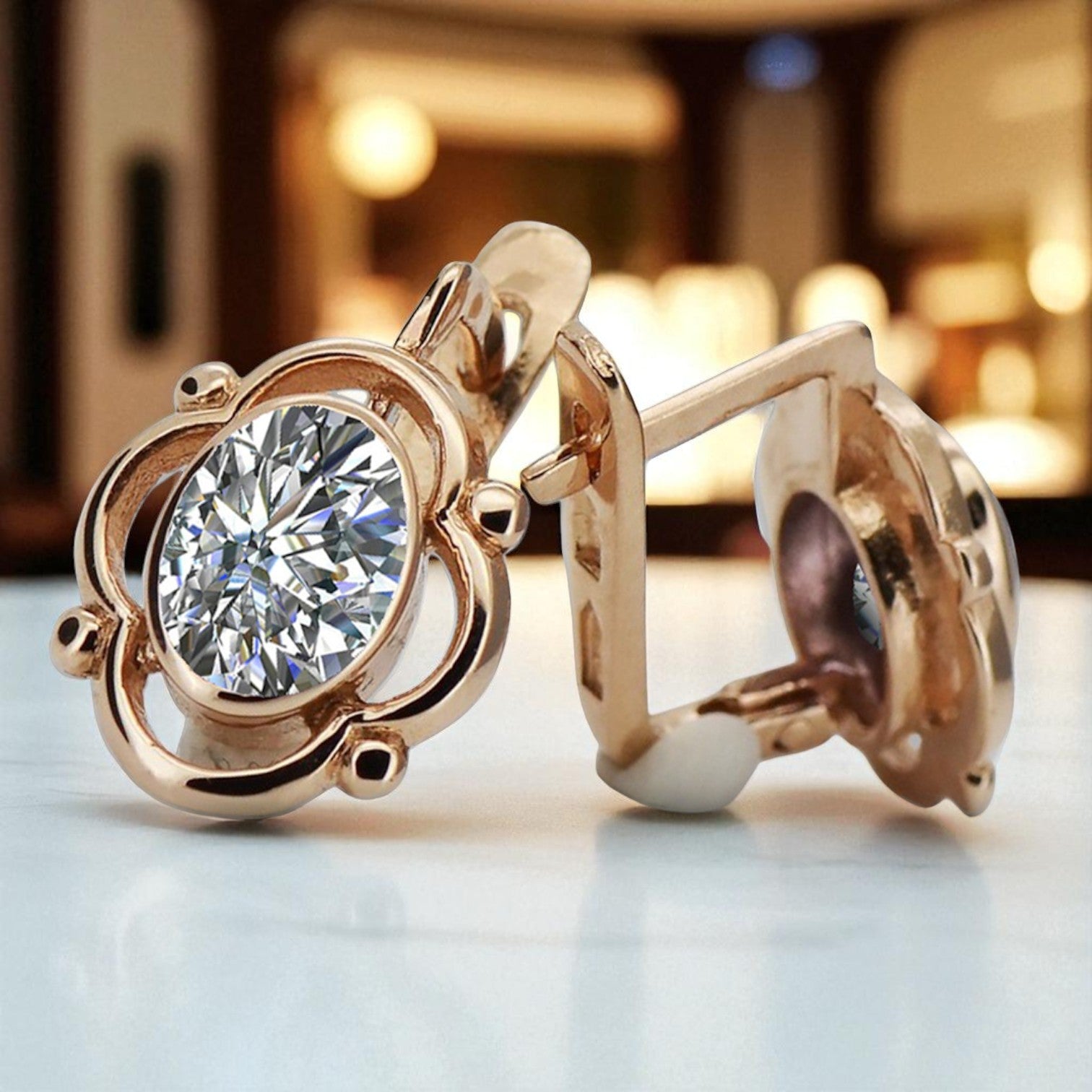 Vintage rose pink 14k 585 gold zircon earrings vec033 Russian Soviet style vec033r-zi