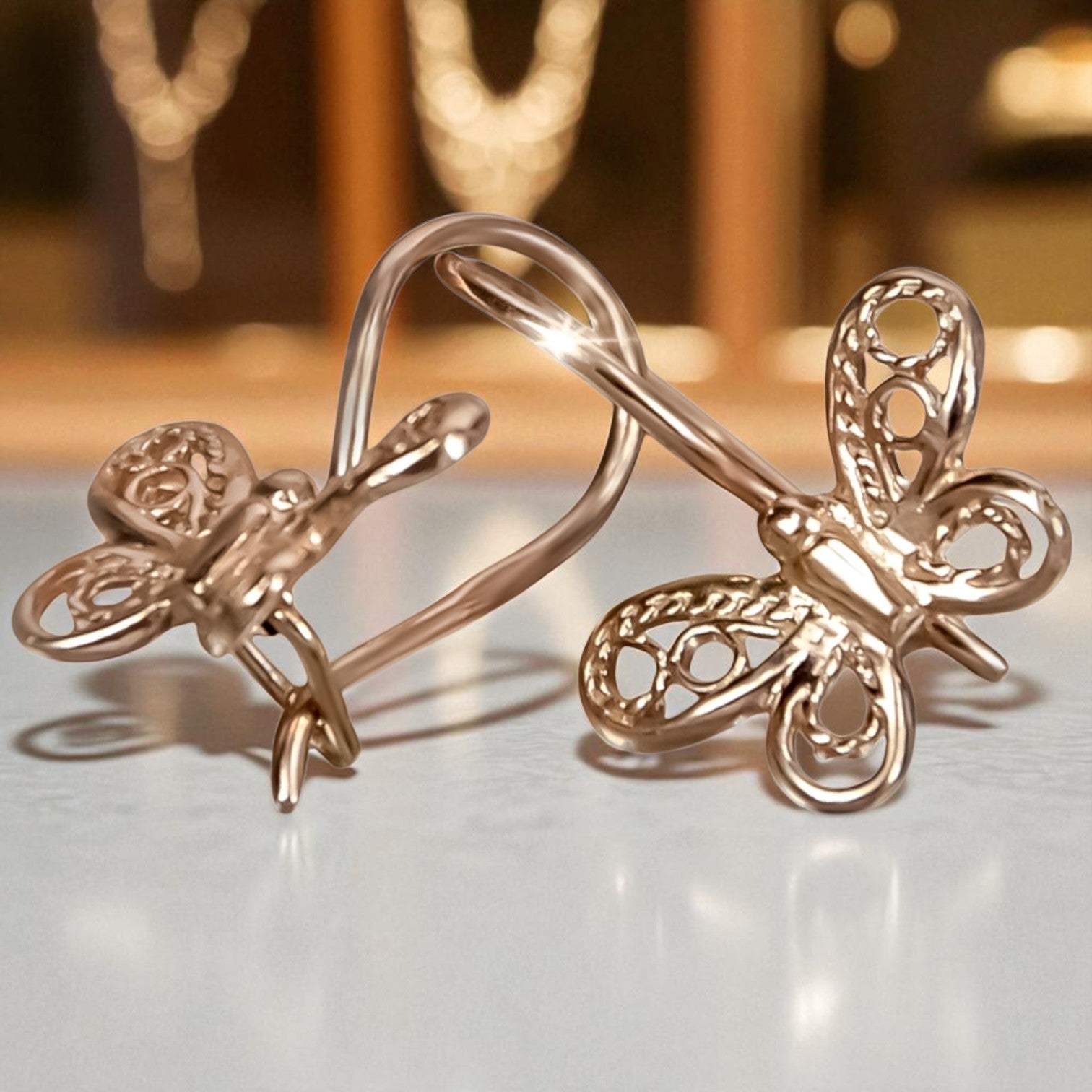 Vintage rose pink 14k 585 gold  butterfly earrings ven173