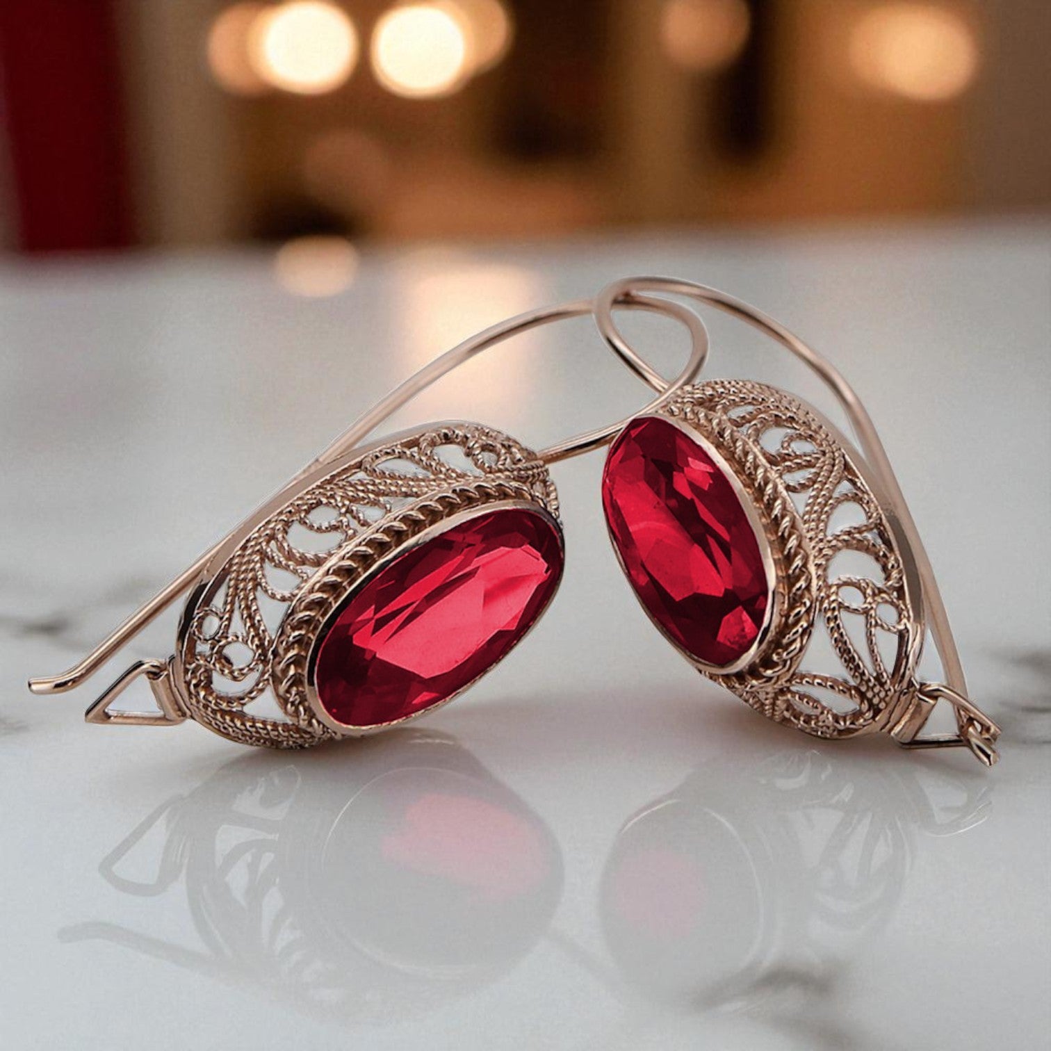 Rose pink 14k 585 gold ruby earrings vec023 Vintage Russian Soviet style
