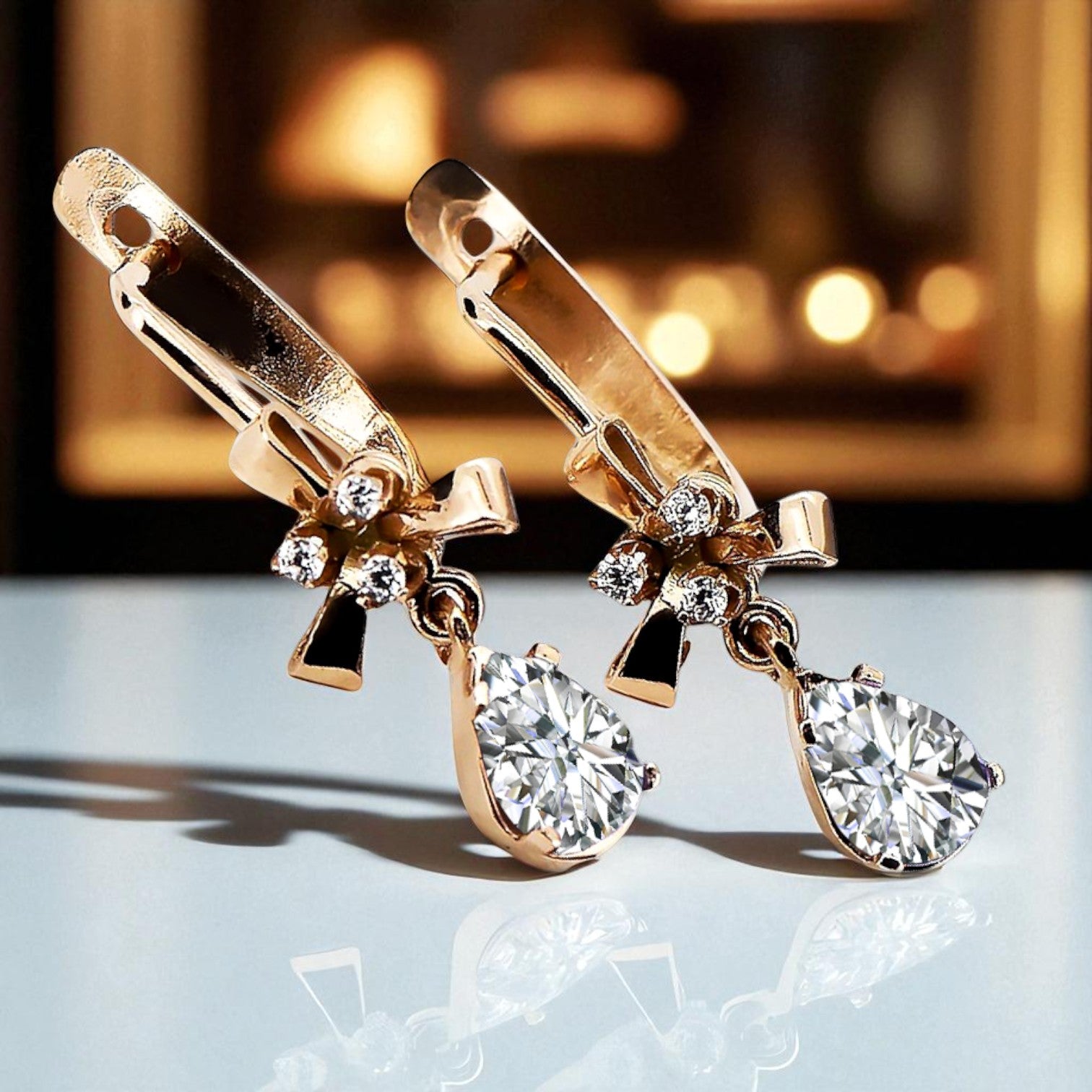 Rose pink 14k 585 gold zircon earrings vec045 Vintage Russian Soviet style