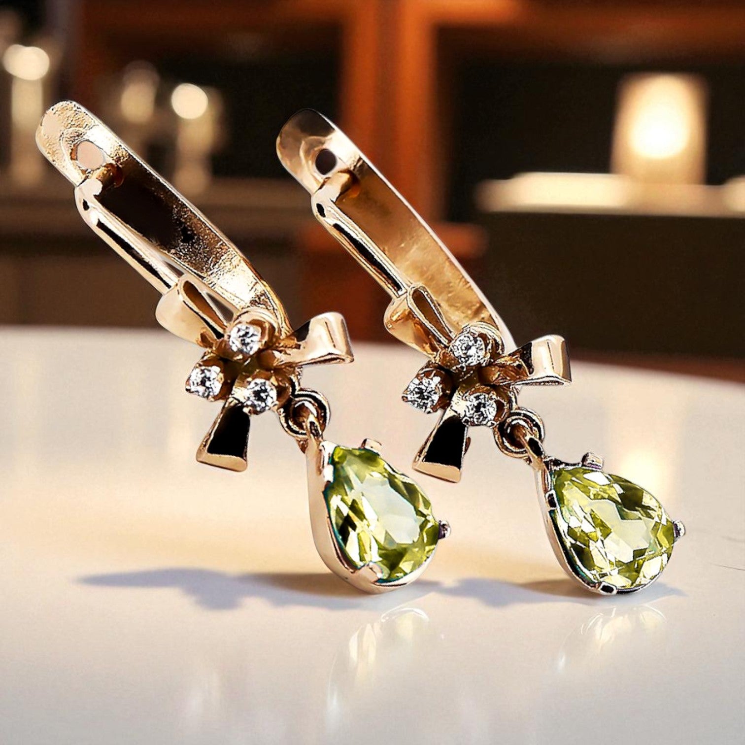 Rose pink 14k 585 gold peridot earrings vec045 Vintage Russian Soviet style vec045r-yp