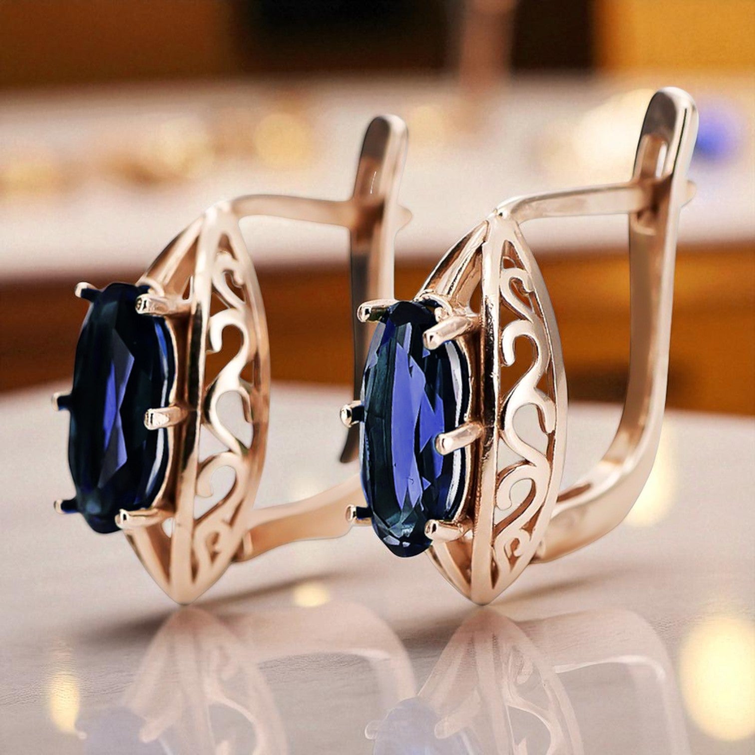 Rose pink 14k 585 gold sapphire earrings vec141 Vintage