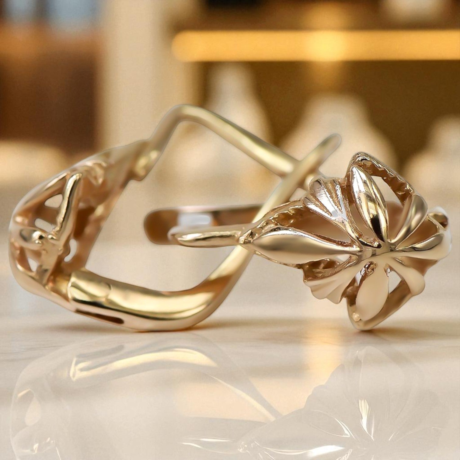 Vintage rose pink 14k 585 gold  Vintage leaf earrings ven137