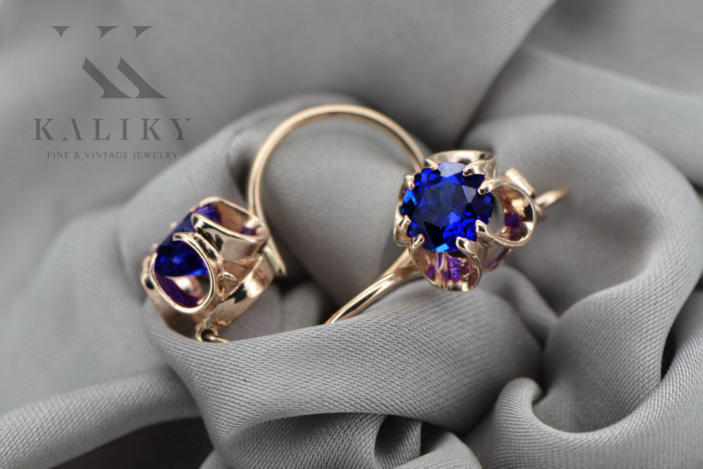 Rose pink 14k 585 gold sapphire earrings vec035 Vintage Russian Soviet style vec035r-sp