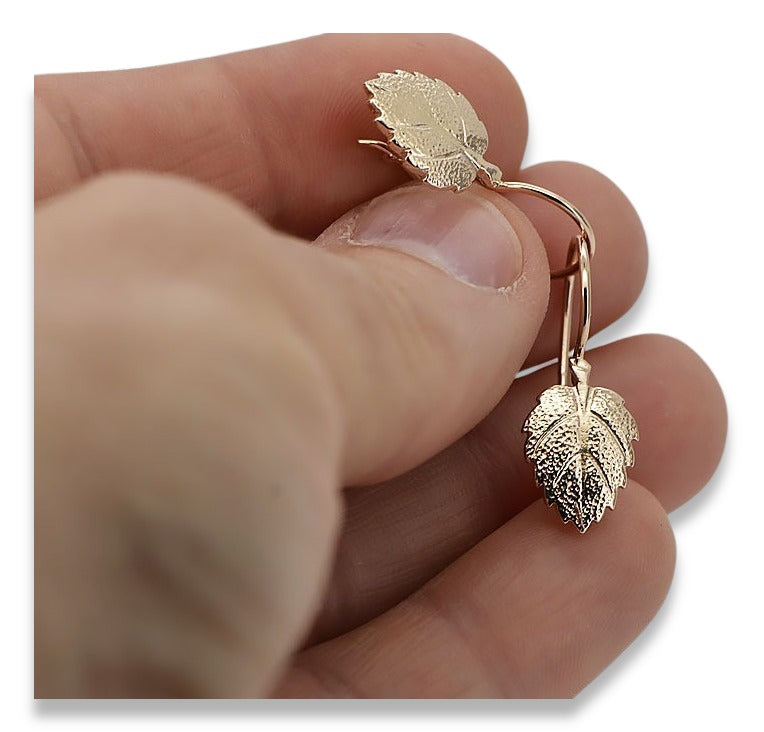 Rose pink 14k 585 gold Vintage leaf earrings ven148