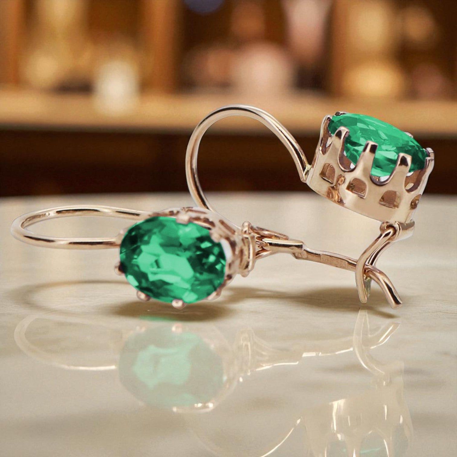 Vintage rose pink 14k 585 gold emerald earrings vec196 vec196r-em