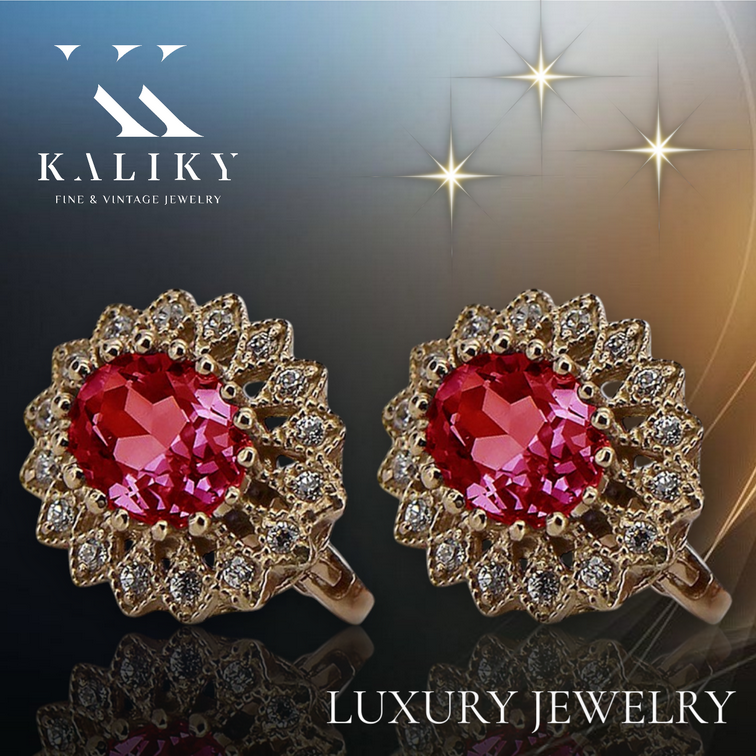Vintage rose pink 14k 585 gold ruby earrings vec125 Vintage