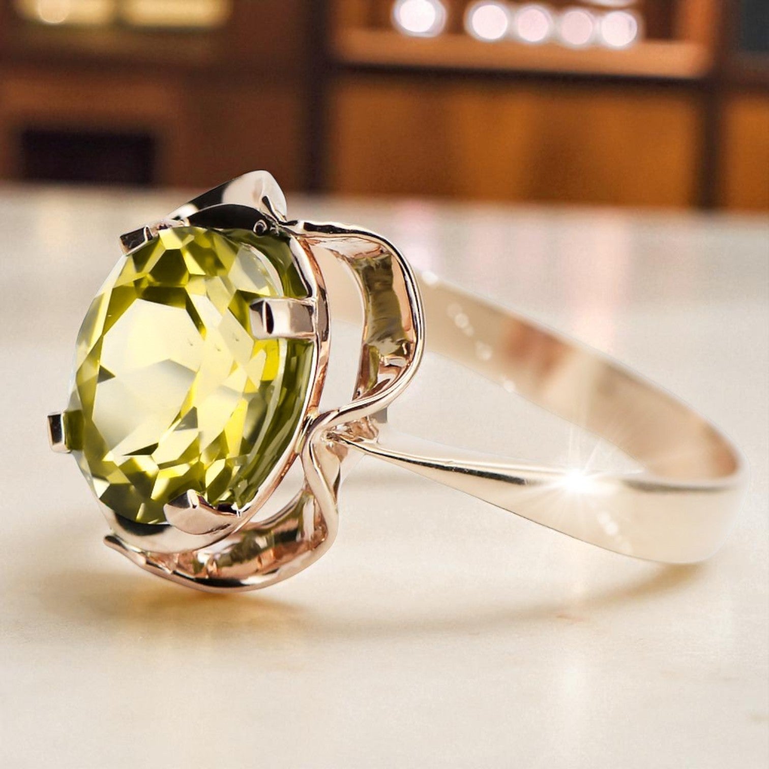 Ring Vintage craft Yellow Peridot Original Vintage 14K Rose Gold vrc206r vrc206r-yp