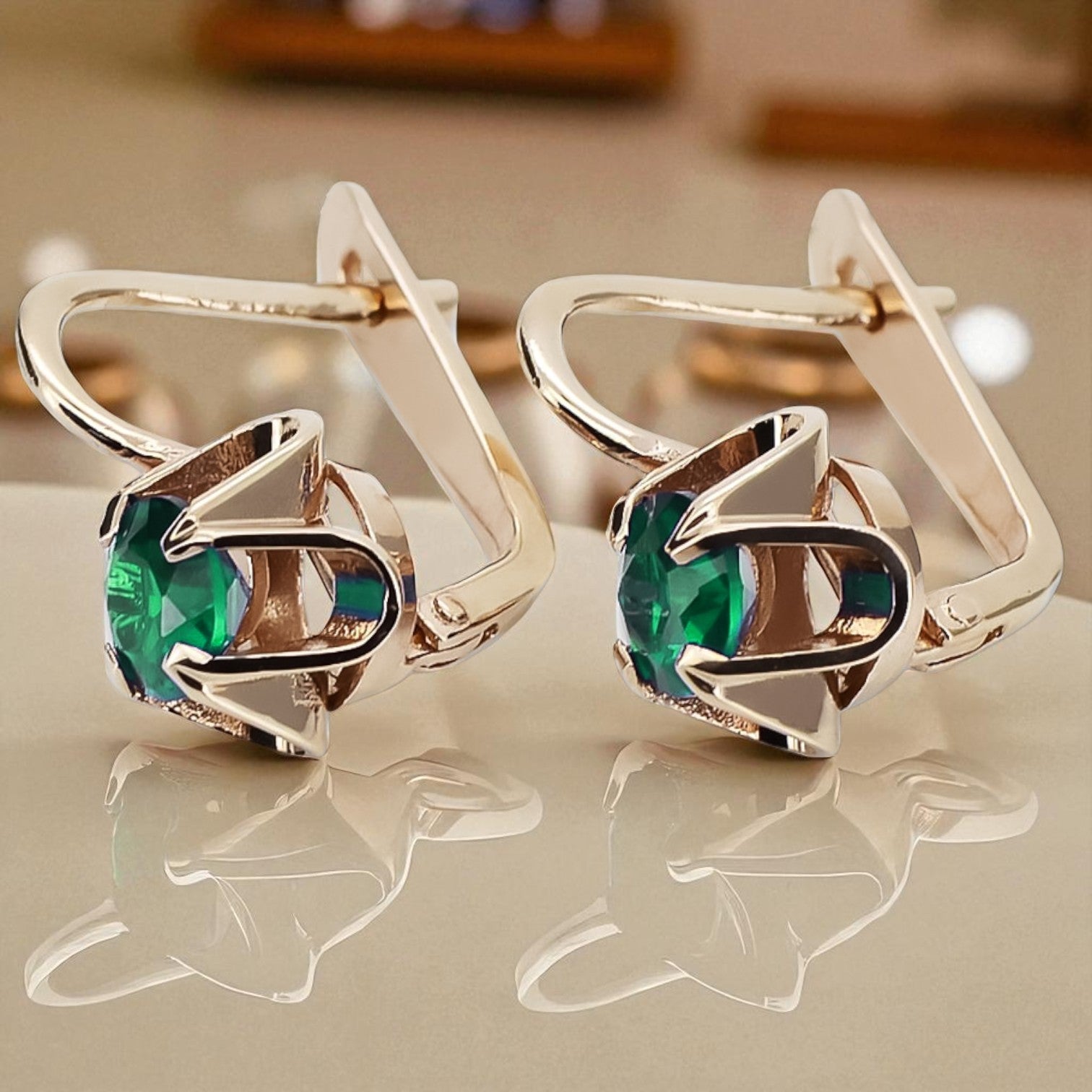 Vintage rose pink 14k 585 gold Emerald earrings vec018 Russian Soviet style vec018r-em