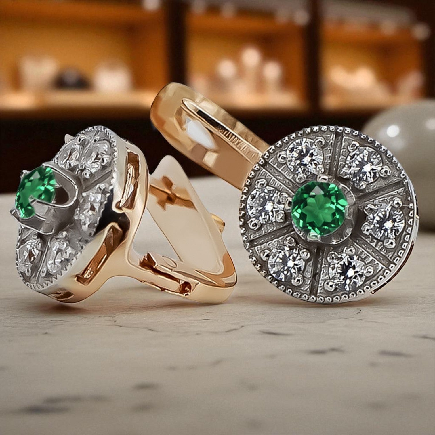 Vintage rose pink 14k 585 gold emerald earrings vec161rw Vintage vec161rw-em