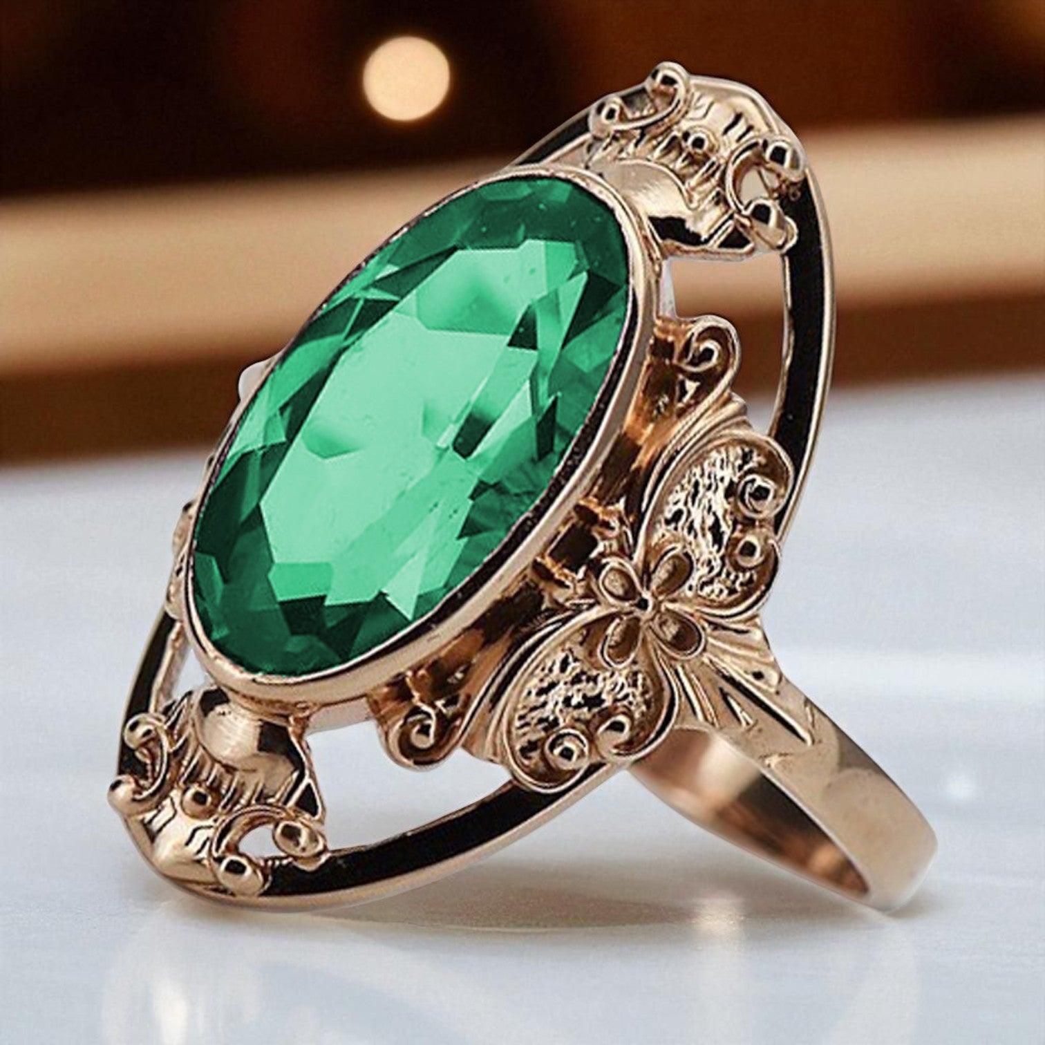 Vintage rose pink 14k gold 585 Emerald ring vrc014 Vintage