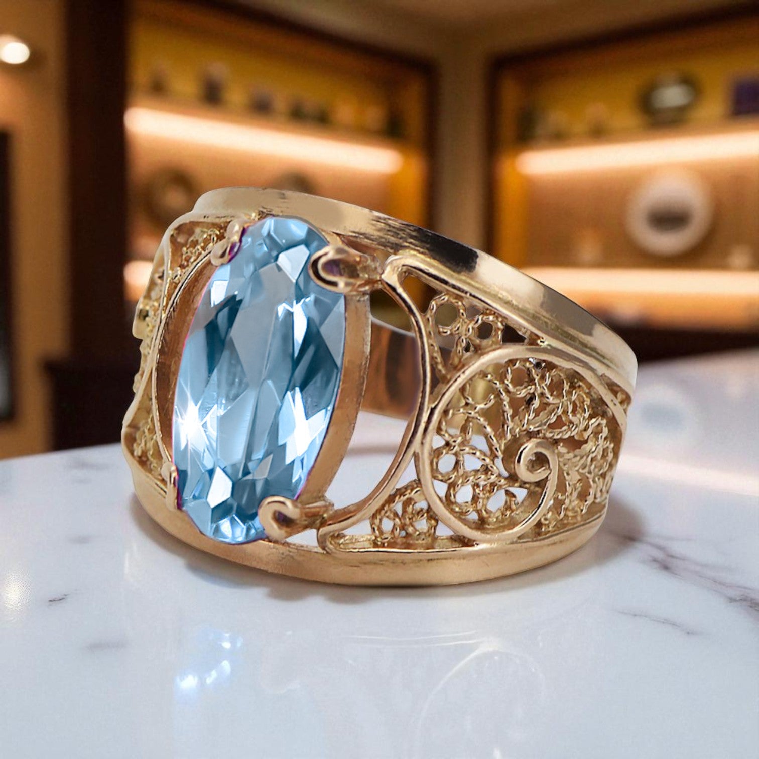 Vintage craft Ring Aquamarine Original Vintage 14K Rose Gold vrc057r vrc057r-aq