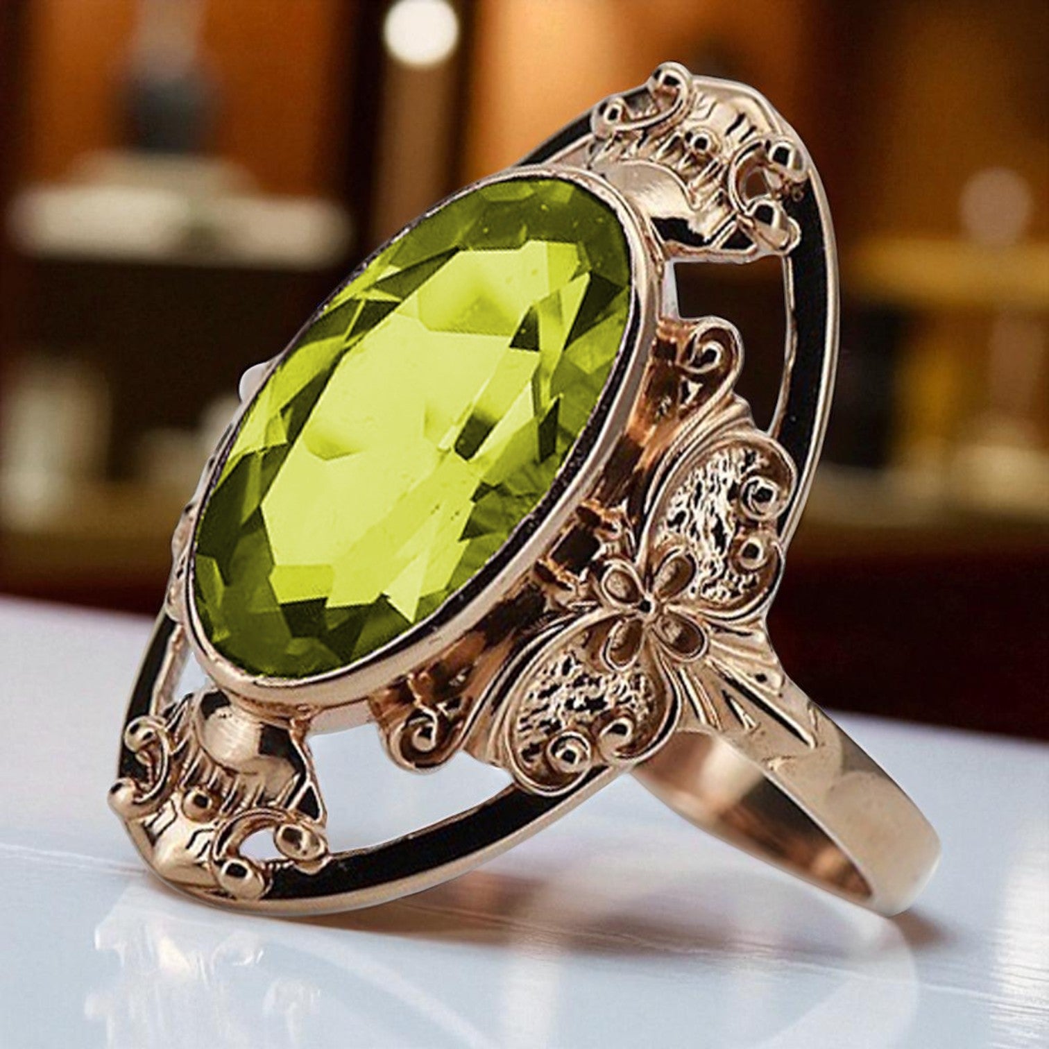 Vintage rose pink 14k gold 585 Peridot ring vrc014 Vintage vrc014r-yp